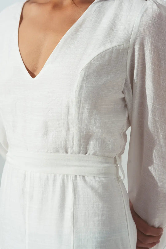 Ruffle V Neck Dress in White - Dresses