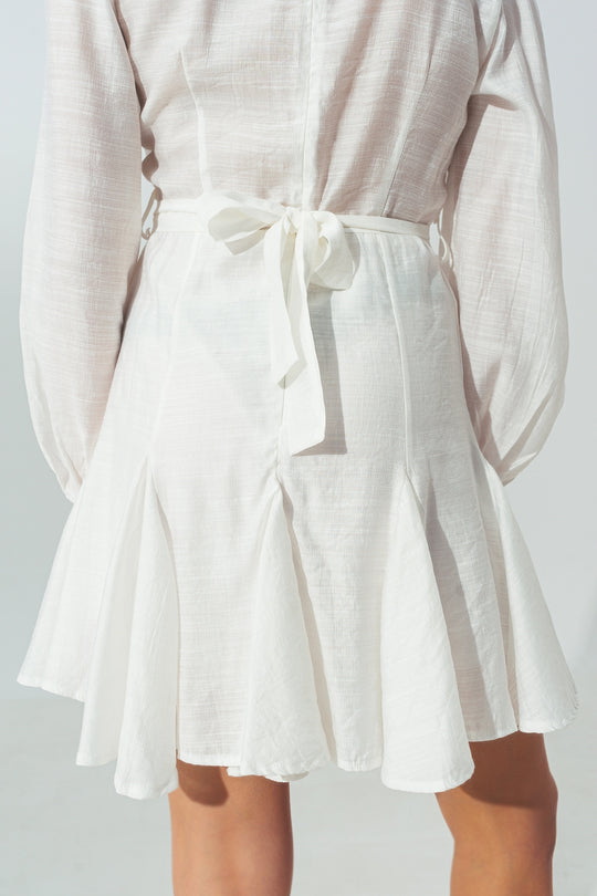 Ruffle V Neck Dress in White