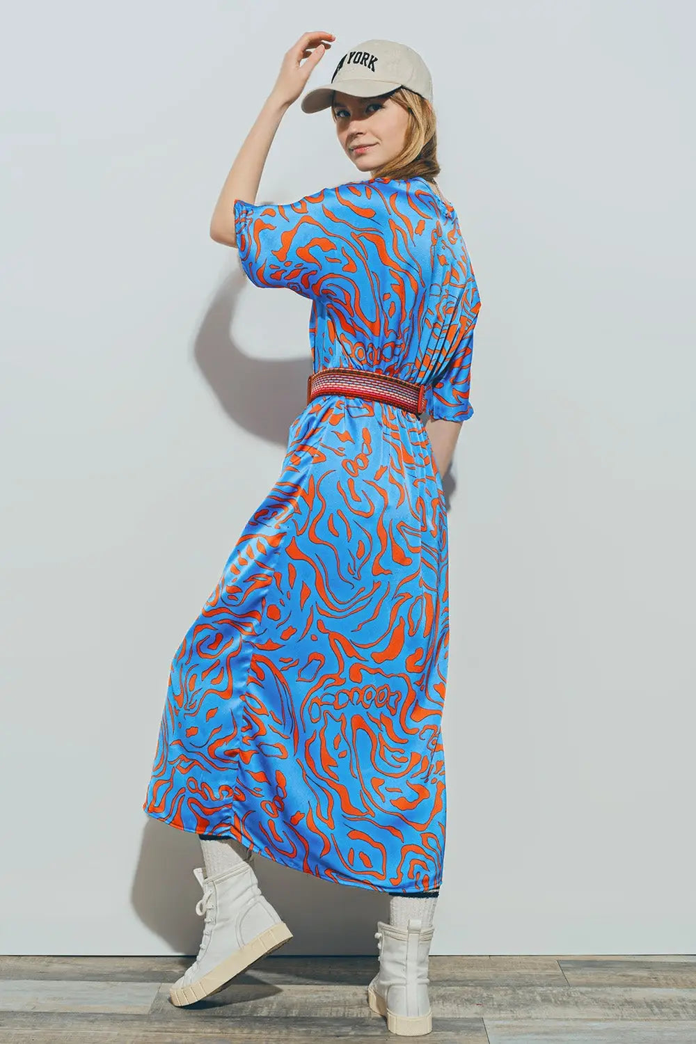 Satin V Neck Midi Dress in Blue - Dresses