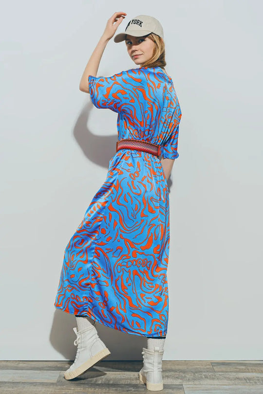 Satin V Neck Midi Dress in Blue - Dresses
