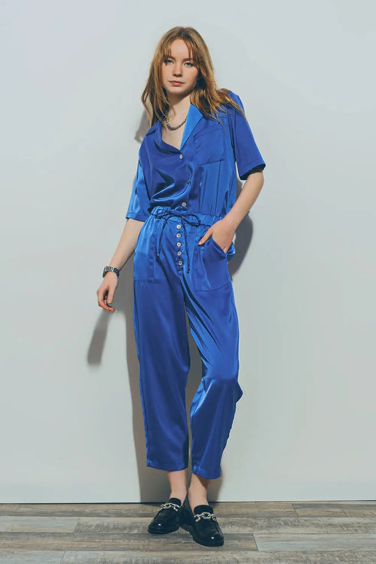 Satin Cropped Pants in Blue - Pants