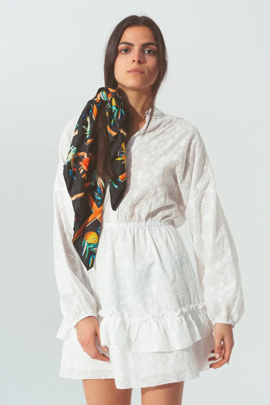 Broderie Mini Dress with Ruffles in White - Dresses