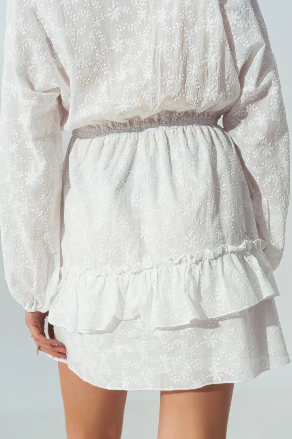 Broderie Mini Dress with Ruffles in White - Dresses