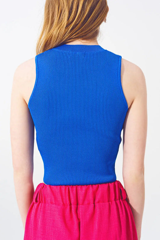 Blue Sleeveless Cropped Thin Sweater - Sweaters