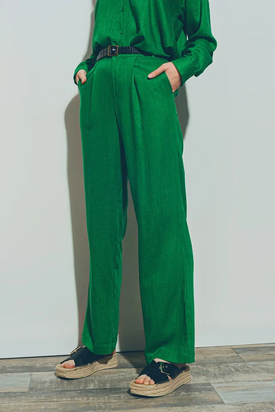 Wide-legged pants in light cotton fabric in green - Pants