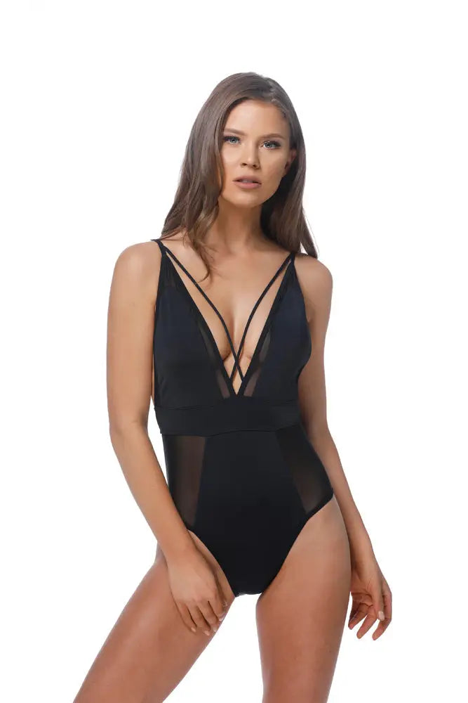SOLID BLACK MESH INSERTS SEXY ONE PIECE SWIMSUIT - One Piece