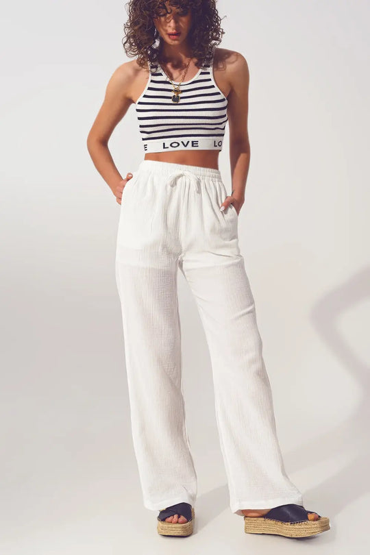 Textured Wide Leg Pants in White - Pants