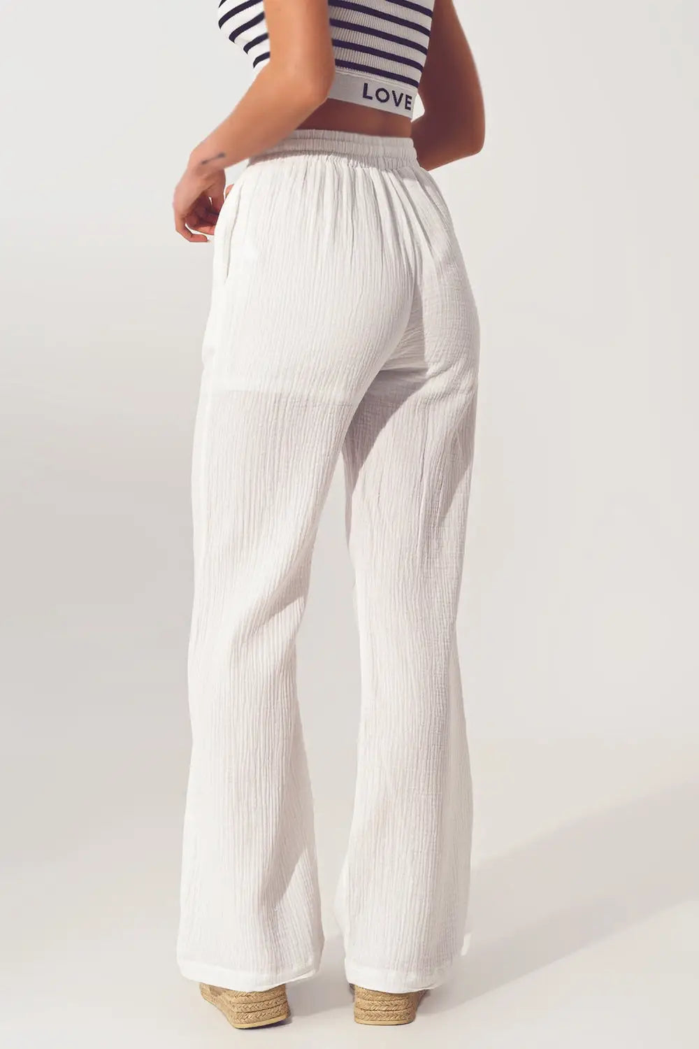 Textured Wide Leg Pants in White - Pants