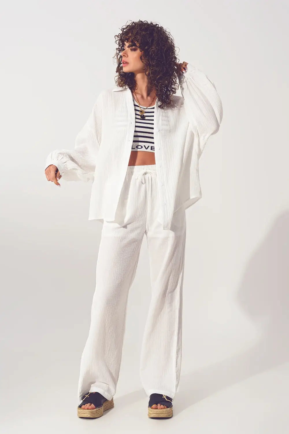 Textured Wide Leg Pants in White - Pants