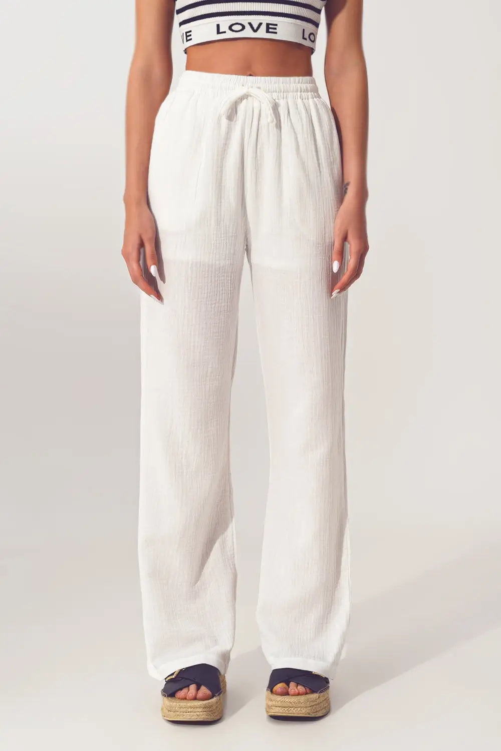 Textured Wide Leg Pants in White - Pants