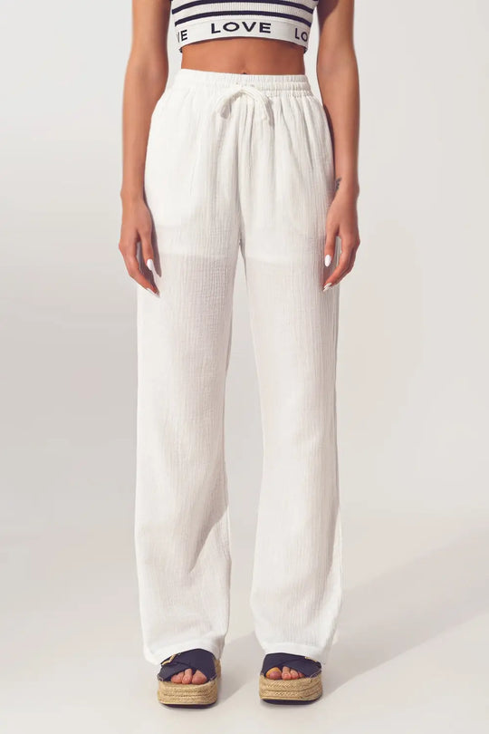 Textured Wide Leg Pants in White - Pants