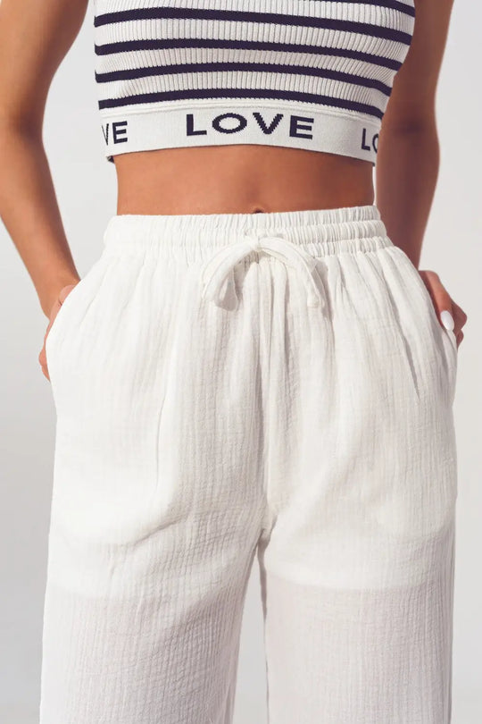 Textured Wide Leg Pants in White - Pants
