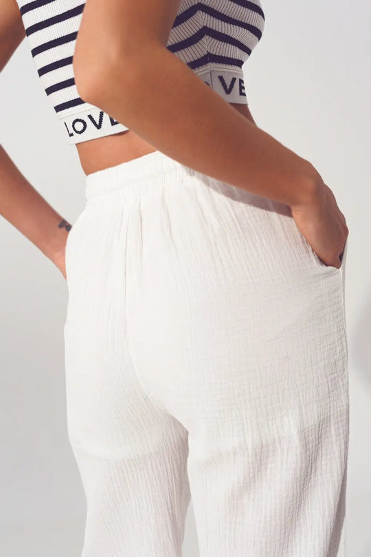 Textured Wide Leg Pants in White - Pants