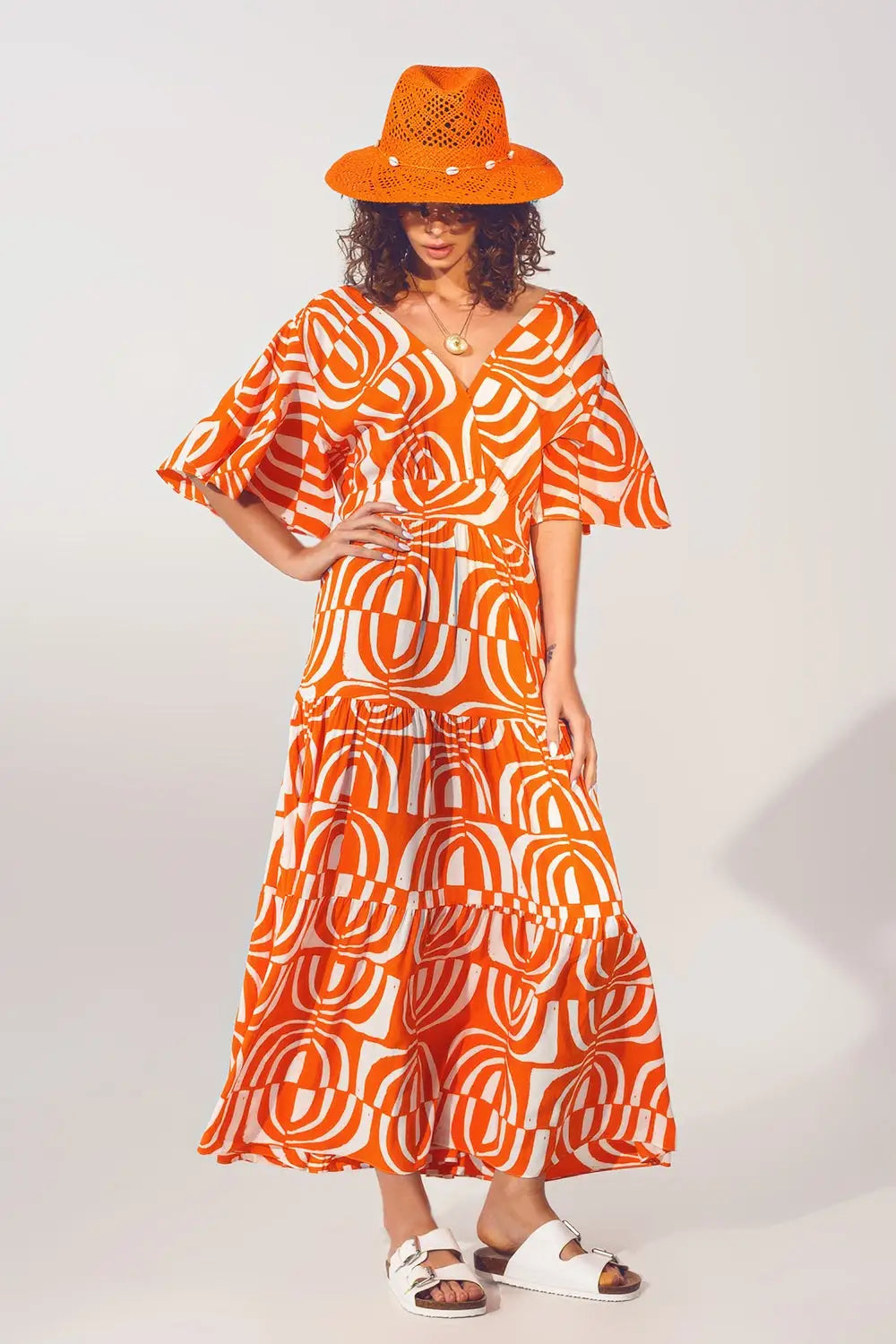 V neck Midi Dress with Print in Orange - Dresses