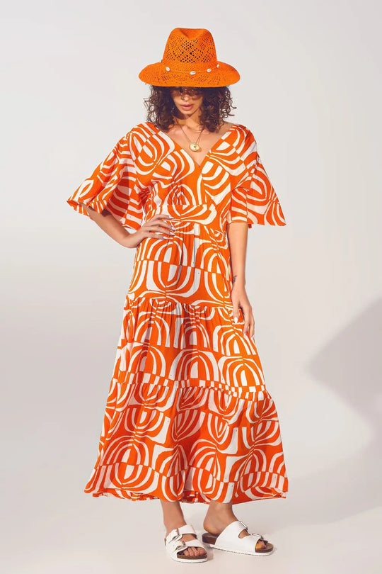 V neck Midi Dress with Print in Orange - Dresses