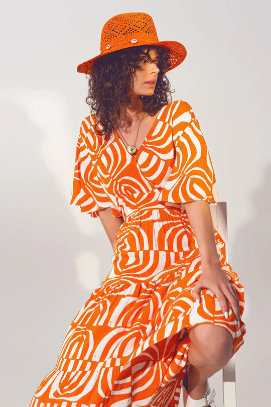 V neck Midi Dress with Print in Orange - Dresses