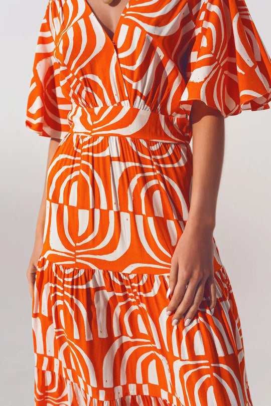V neck Midi Dress with Print in Orange - Dresses