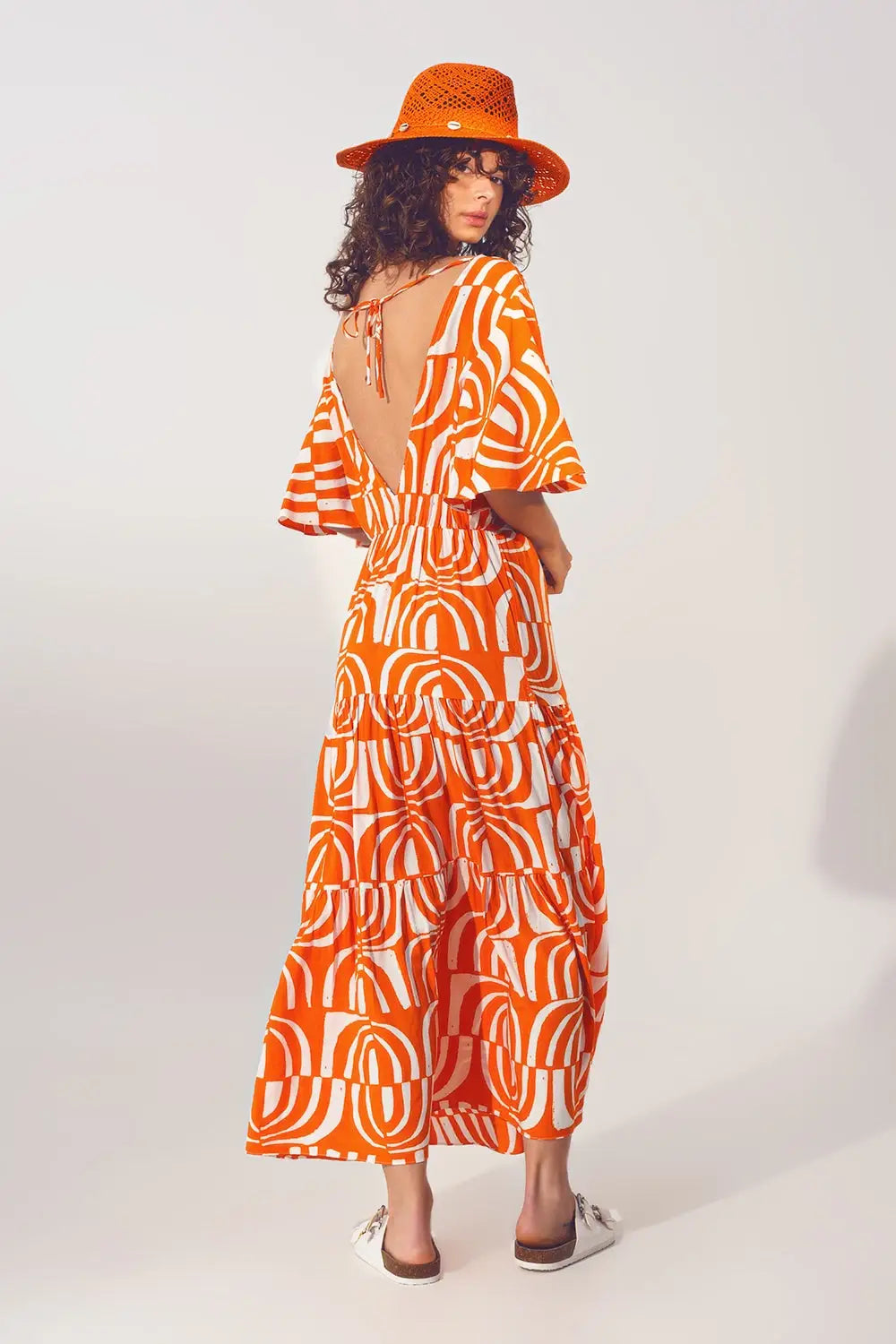 V neck Midi Dress with Print in Orange - Dresses
