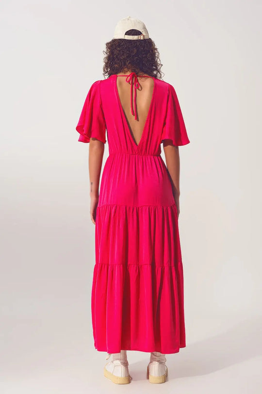 Smock V Neck Maxi Dress in fucsia - Dresses