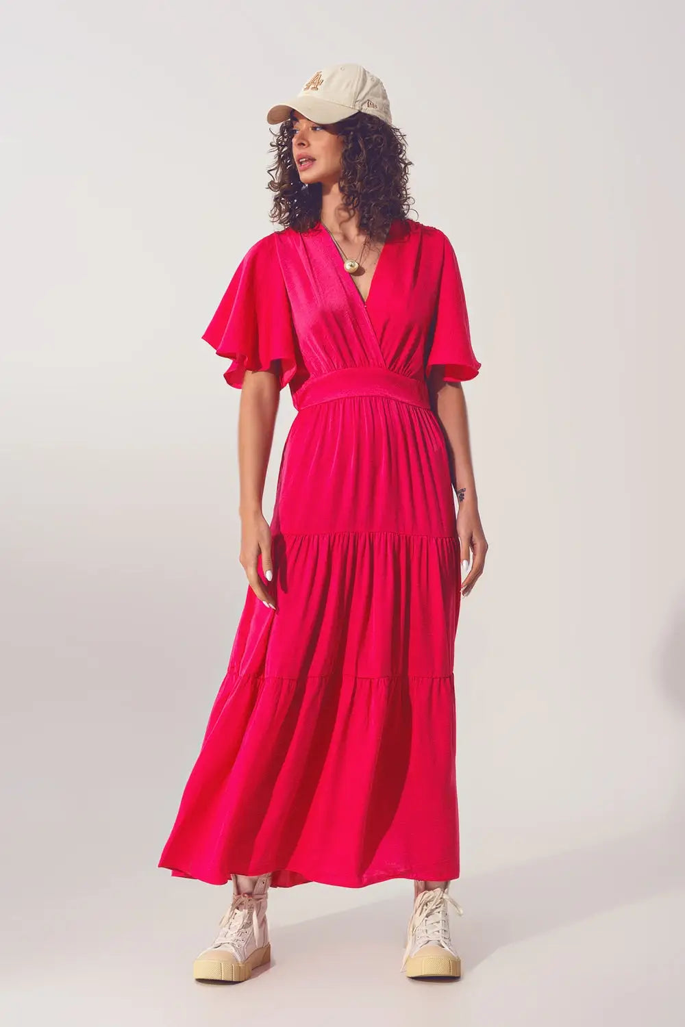 Smock V Neck Maxi Dress in fucsia - Dresses