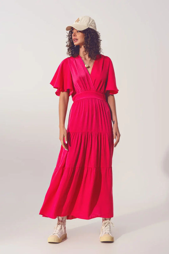 Smock V Neck Maxi Dress in fucsia - Dresses
