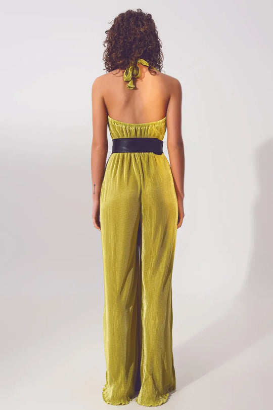 Satin Halter Neck pleated maxi jumpsuit in Green - Jumpsuits