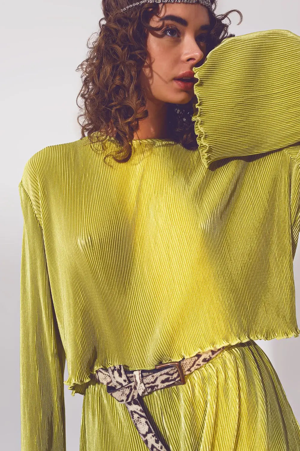 Pleated Round Neck Crop Top in Green - Tops