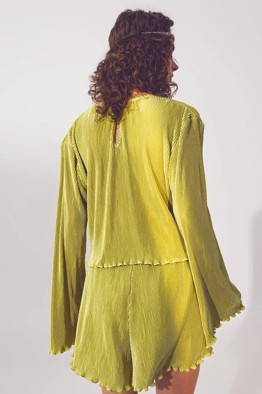 Pleated Round Neck Crop Top in Green - Tops