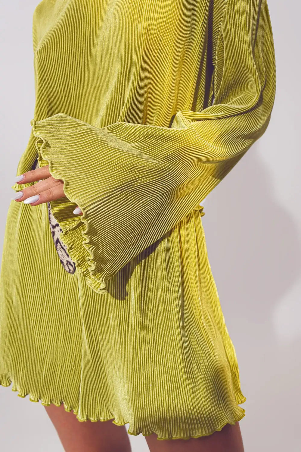 Pleated Round Neck Crop Top in Green - Tops