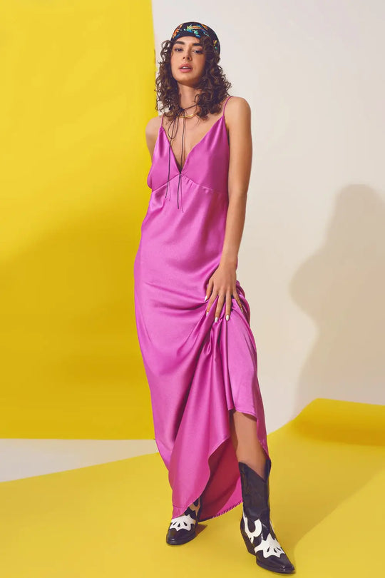 Satin Maxi Dress With Spaghetti Straps in Fuchsia - Dresses