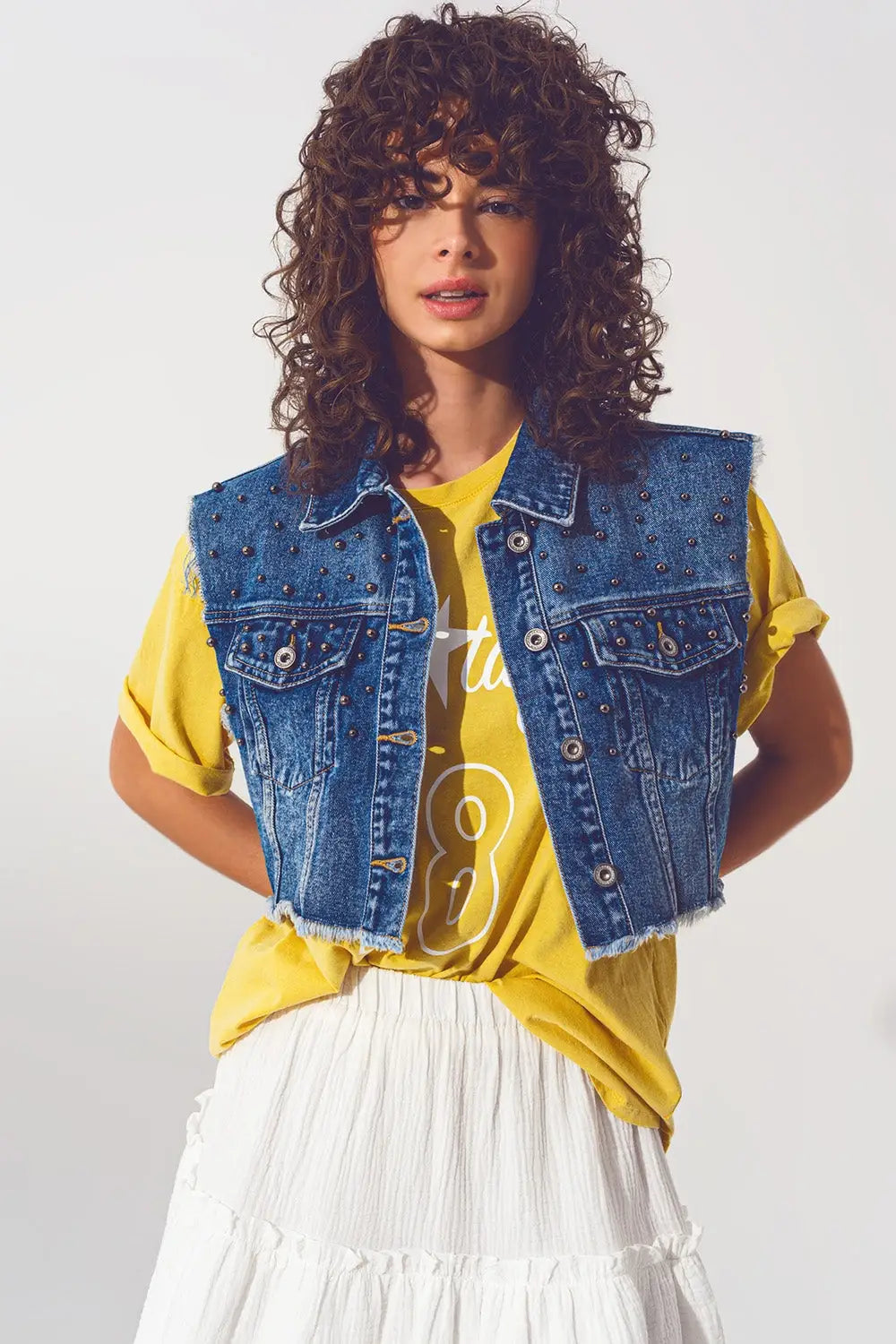 Cropped Studded Denim Vest in Blue - Jackets