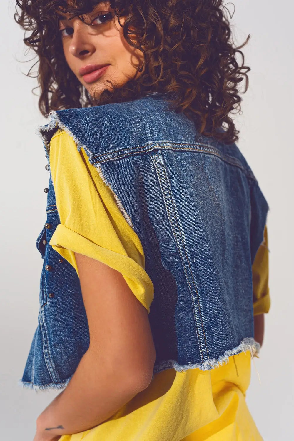Cropped Studded Denim Vest in Blue - Jackets