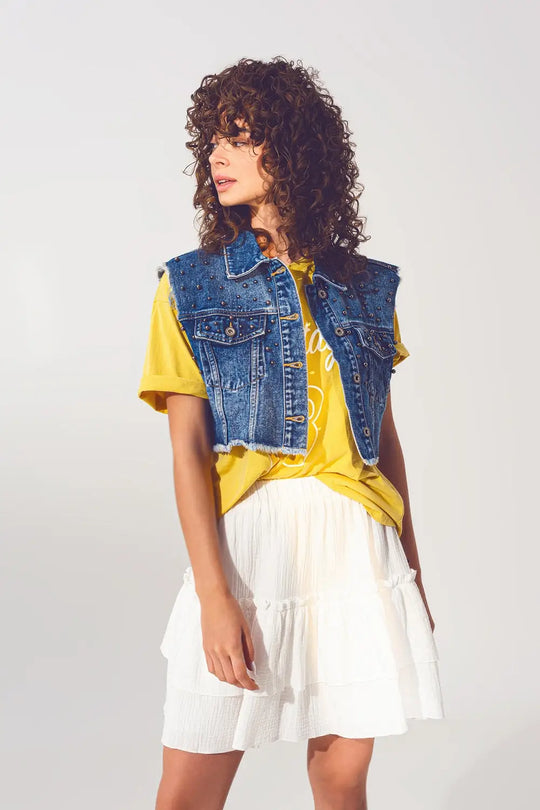 Cropped Studded Denim Vest in Blue - Jackets