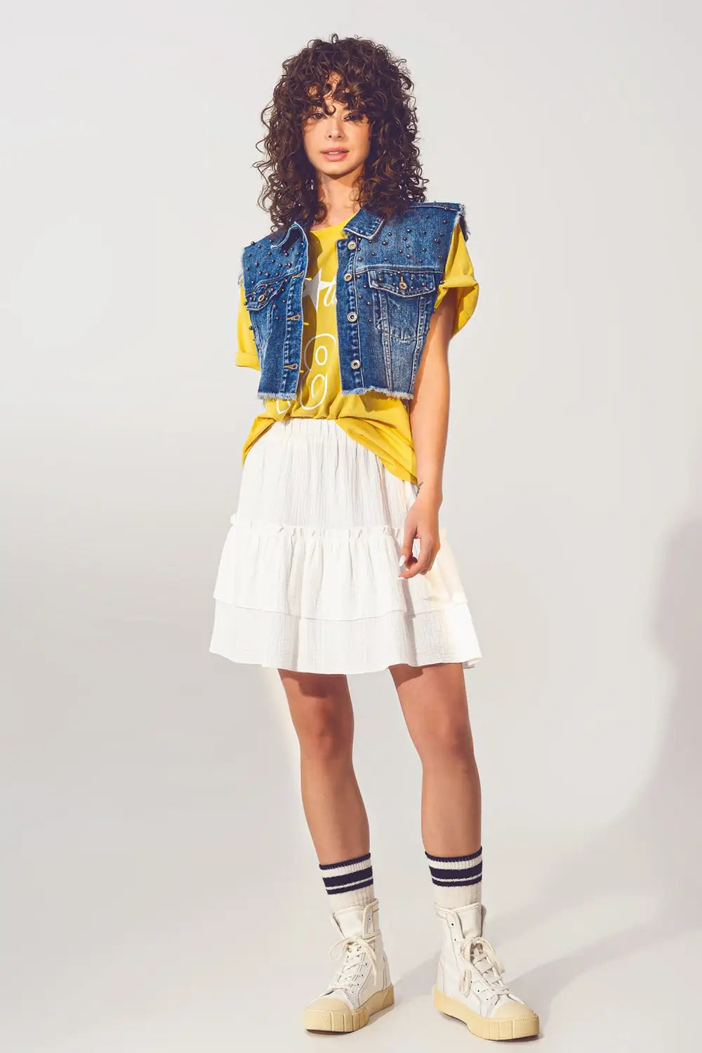 Cropped Studded Denim Vest in Blue - Jackets