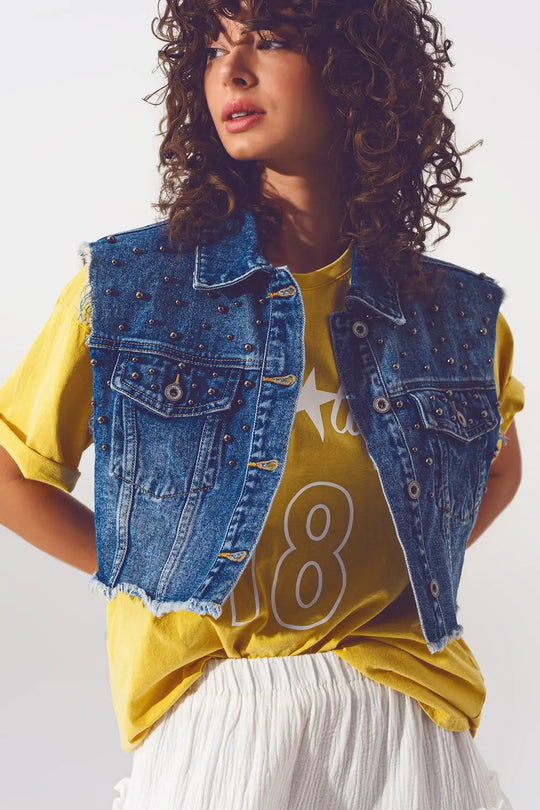 Cropped Studded Denim Vest in Blue - Jackets