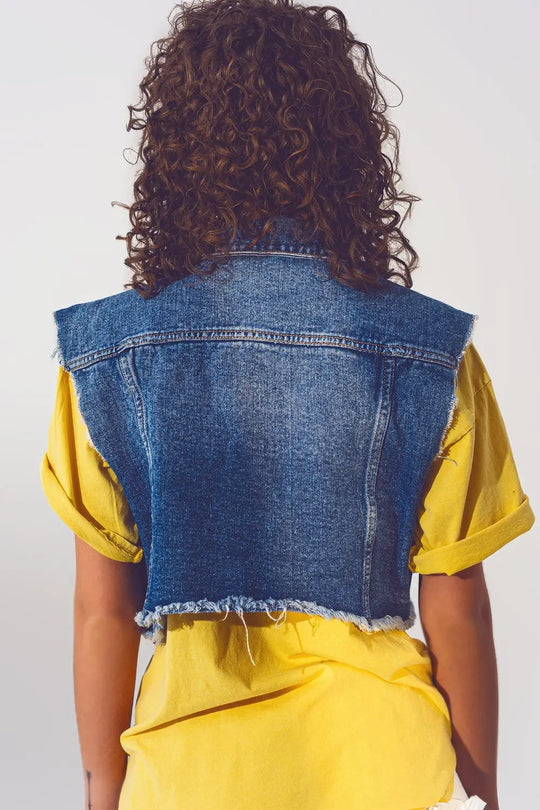 Cropped Studded Denim Vest in Blue - Jackets