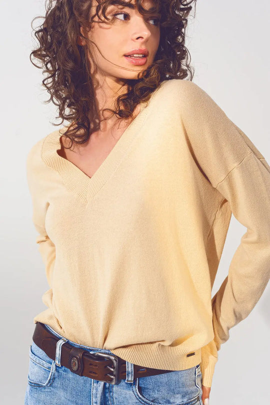 v neck fine knit sweater in beige - Sweaters
