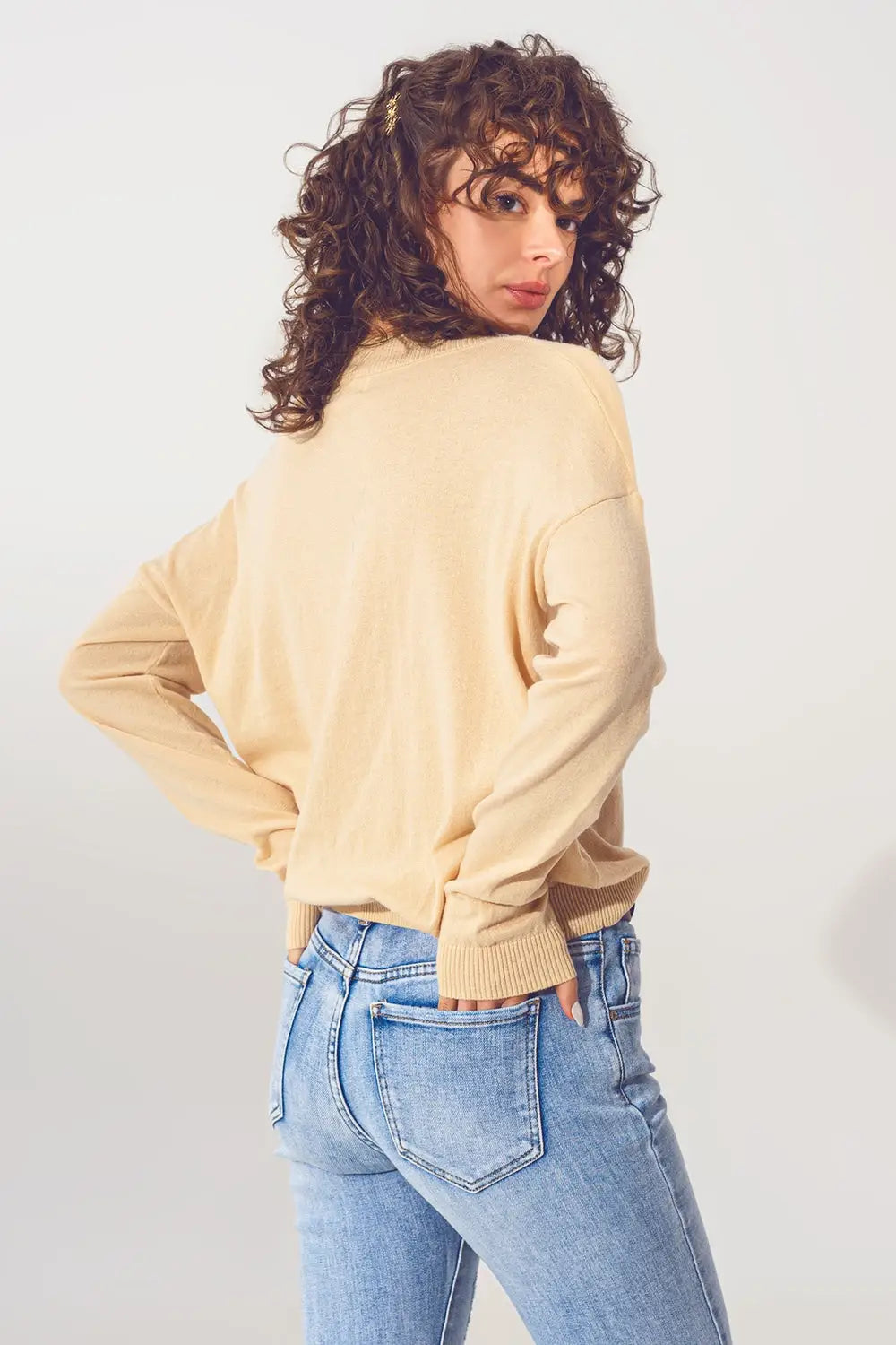 v neck fine knit sweater in beige - Sweaters