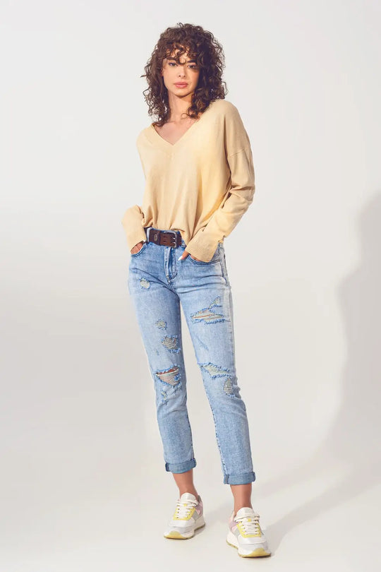v neck fine knit sweater in beige - Sweaters