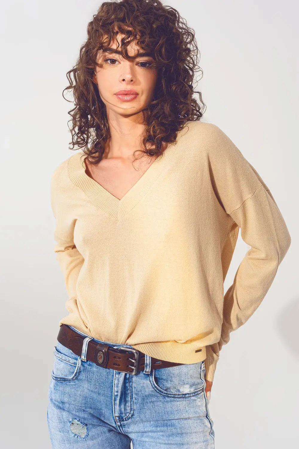 v neck fine knit sweater in beige - Sweaters