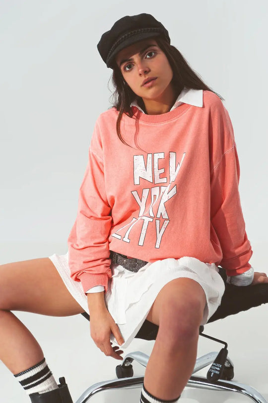 Sweatshirt with New York City text in Coral - ORANGE / ONE - Sweaters