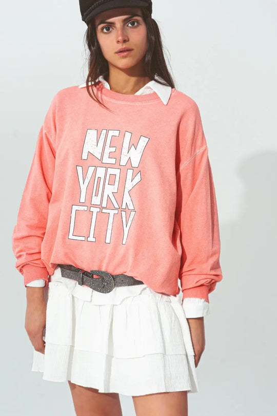 Sweatshirt with New York City text in Coral - ORANGE / ONE - Sweaters
