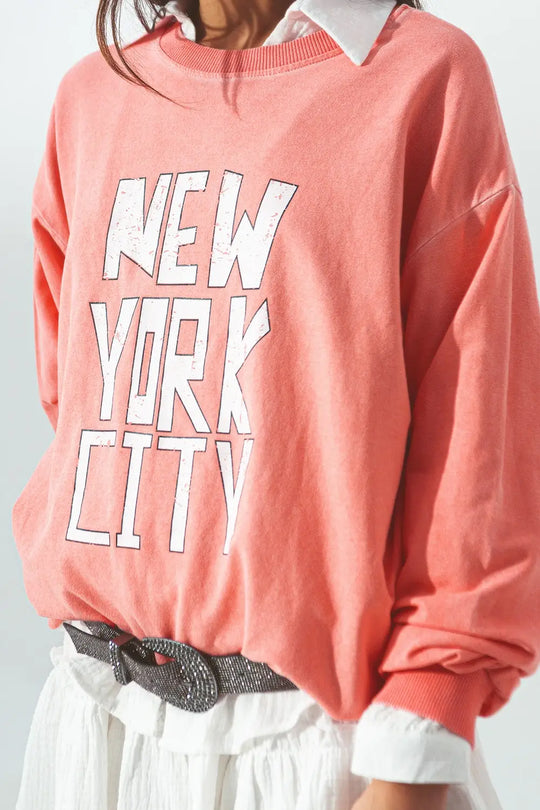 Sweatshirt with New York City text in Coral - ORANGE / ONE - Sweaters