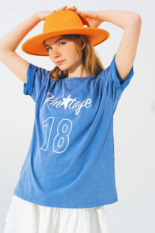 T-Shirt with Vintage 18 Text in Blue - BLUE / ONE - T-Shirts