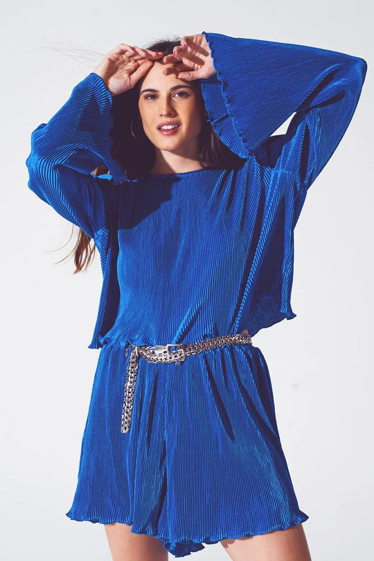 Pleated Round Neck Crop Top in Blue - Tops