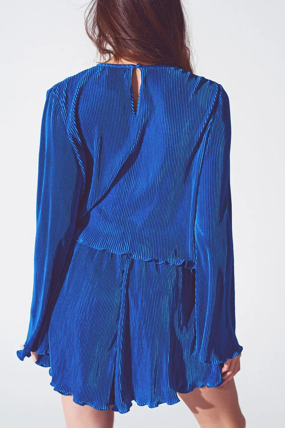 Pleated Round Neck Crop Top in Blue - Tops