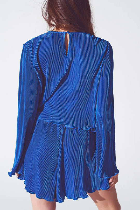 Pleated Round Neck Crop Top in Blue - Tops
