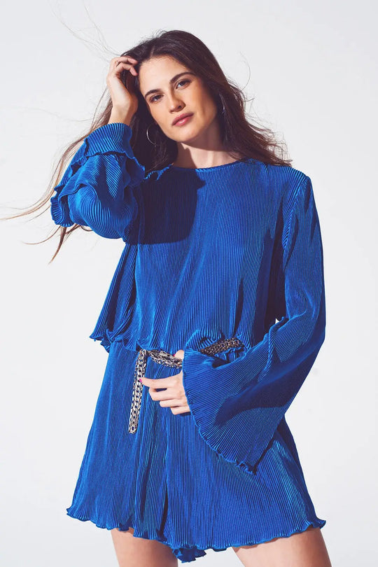 Pleated Round Neck Crop Top in Blue - Tops