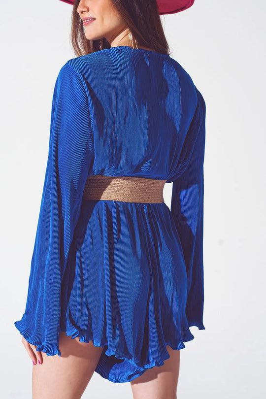 Satin Wrap Deatil Pleated Short Jumpsuit in Blue - Jumpsuits
