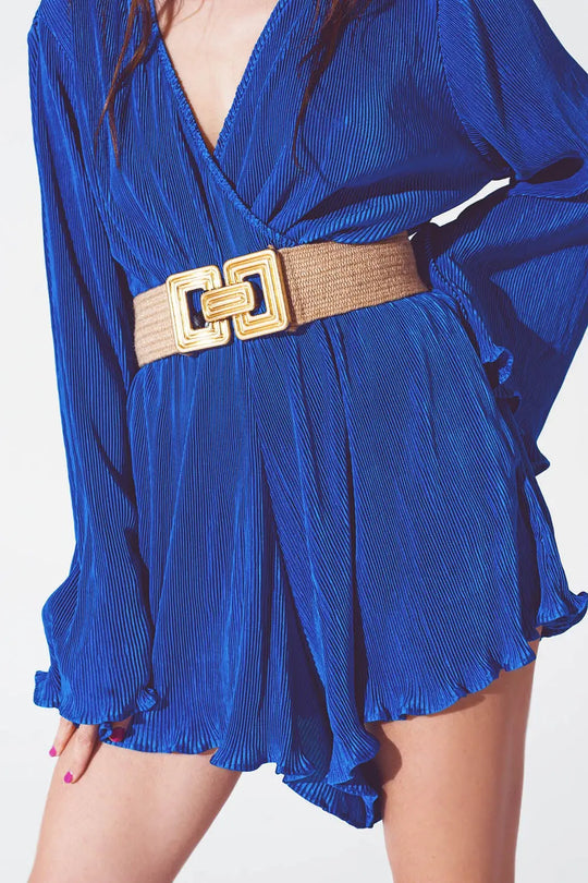 Satin Wrap Deatil Pleated Short Jumpsuit in Blue - Jumpsuits